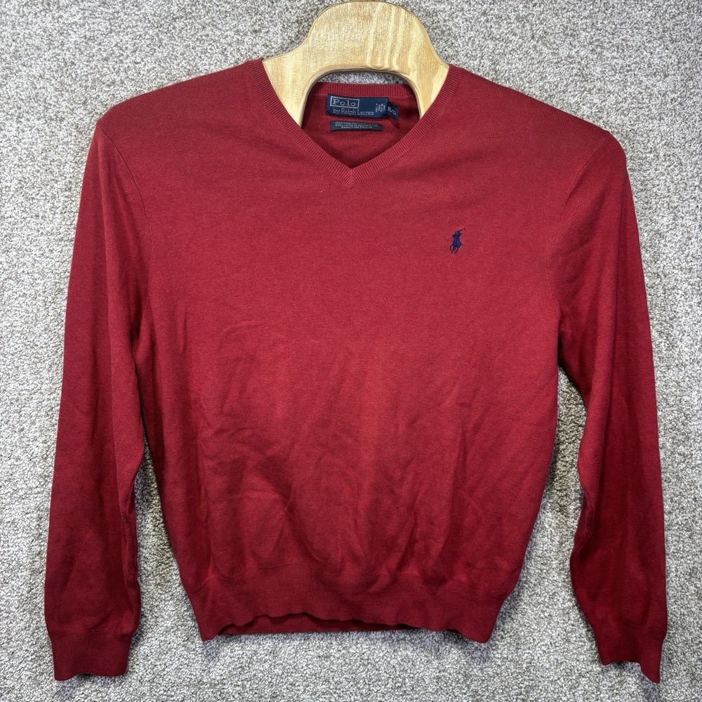 Polo By Ralph Lauren Sweater Mens XL Red 100% Pima Cotton V Neck Knit Pullover